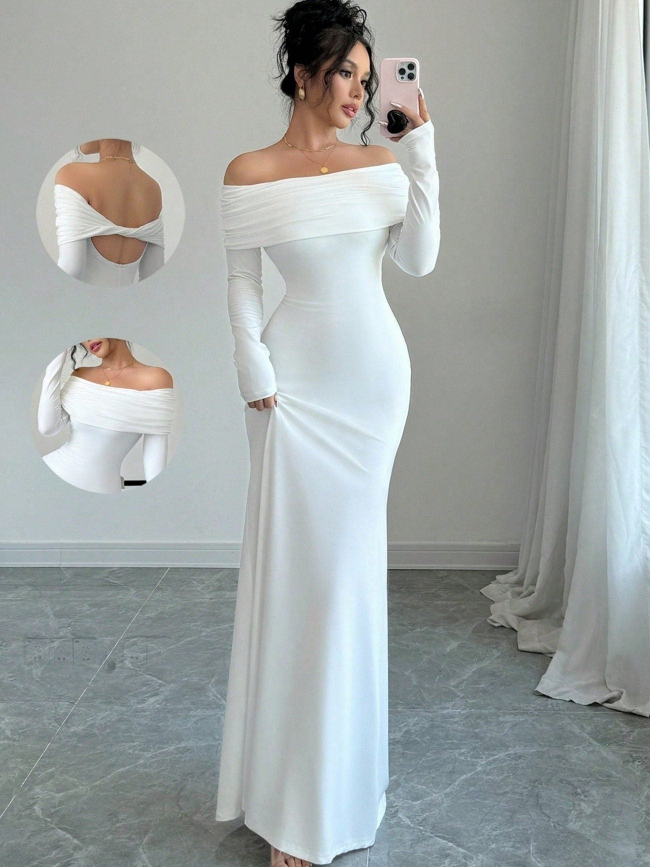 Off-Shoulder Long Sleeve Wedding Guest Maxi Dress for Women