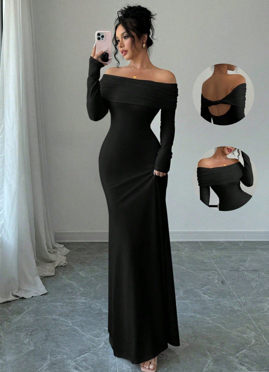 Off-Shoulder Long Sleeve Wedding Guest Maxi Dress for Women