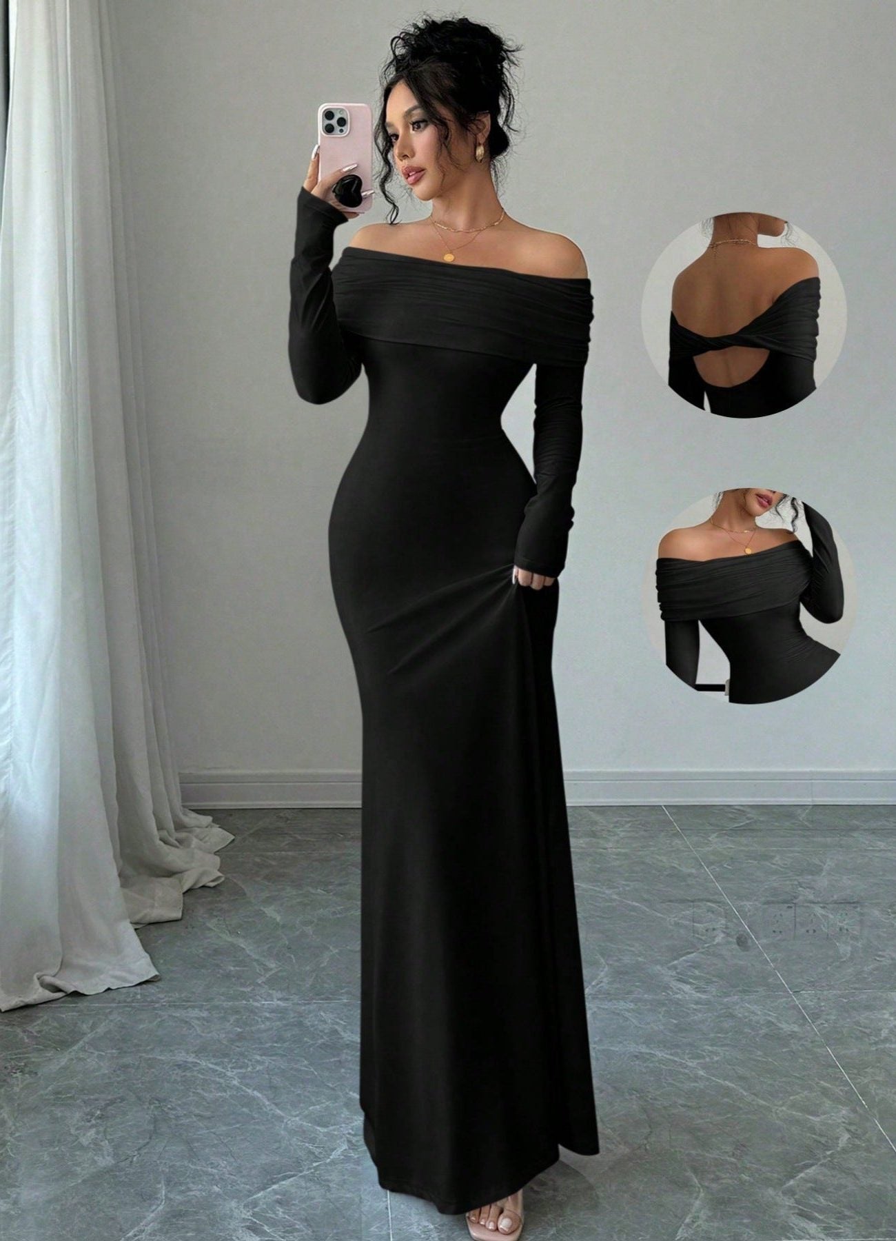 Off-Shoulder Long Sleeve Wedding Guest Maxi Dress for Women - Black