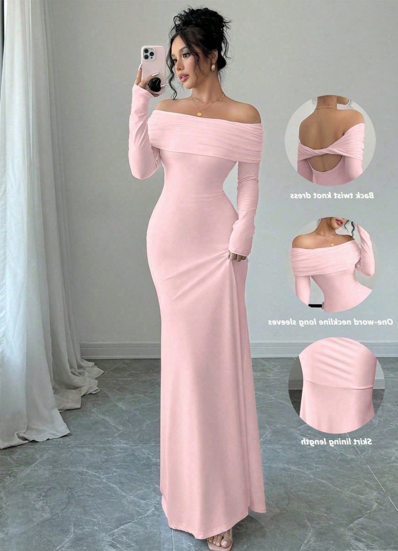 Off-Shoulder Long Sleeve Wedding Guest Maxi Dress for Women - Pink