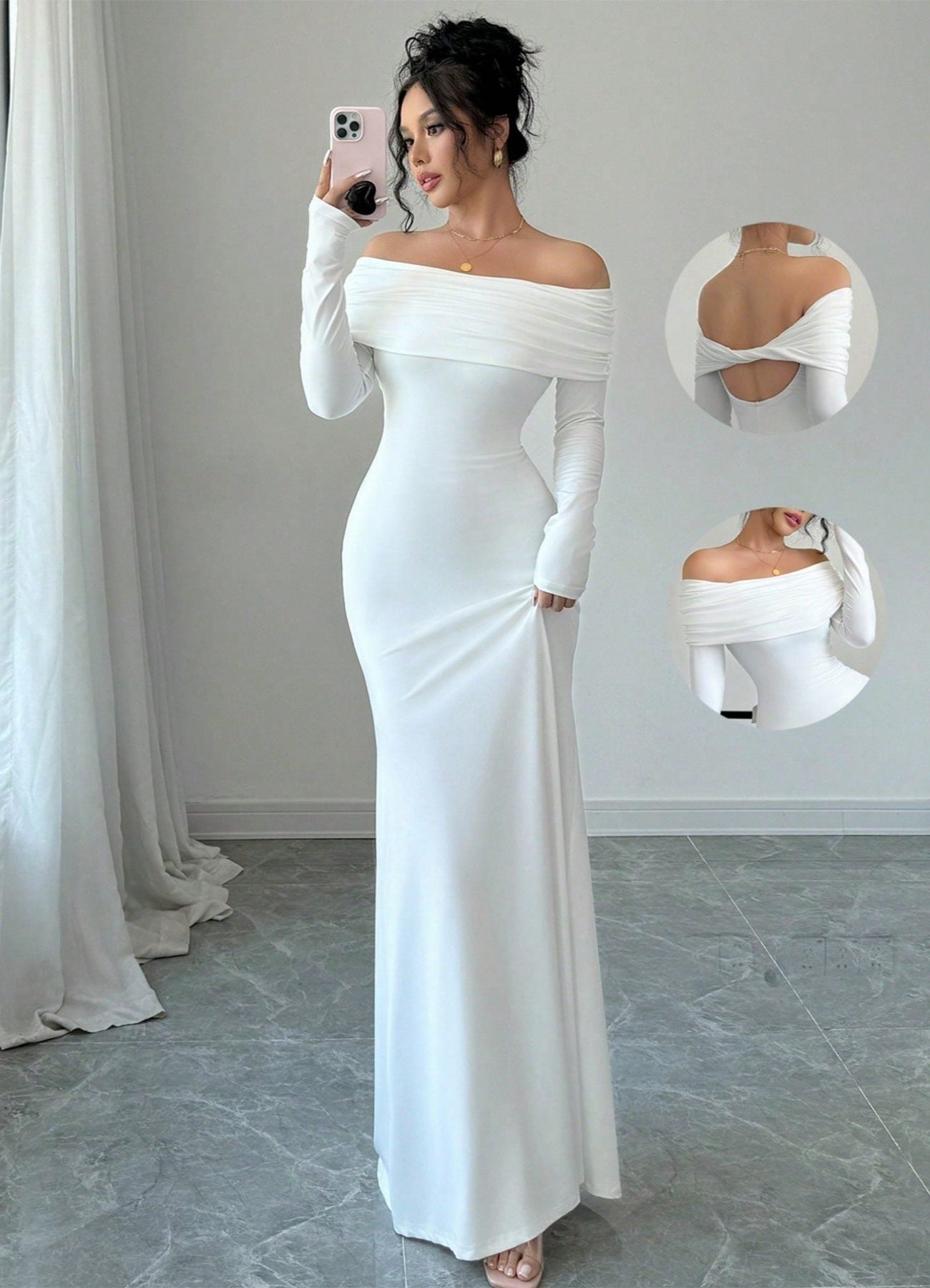 Off-Shoulder Long Sleeve Wedding Guest Maxi Dress for Women - White