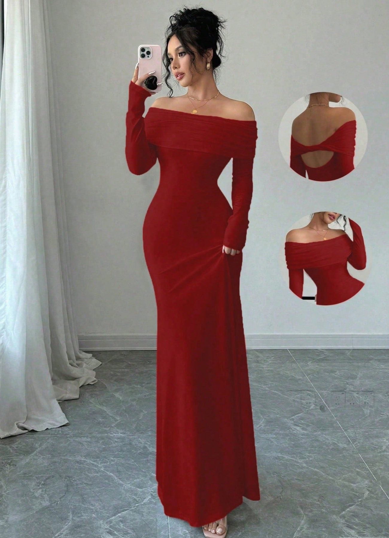 Off-Shoulder Long Sleeve Wedding Guest Maxi Dress for Women - Bordeaux