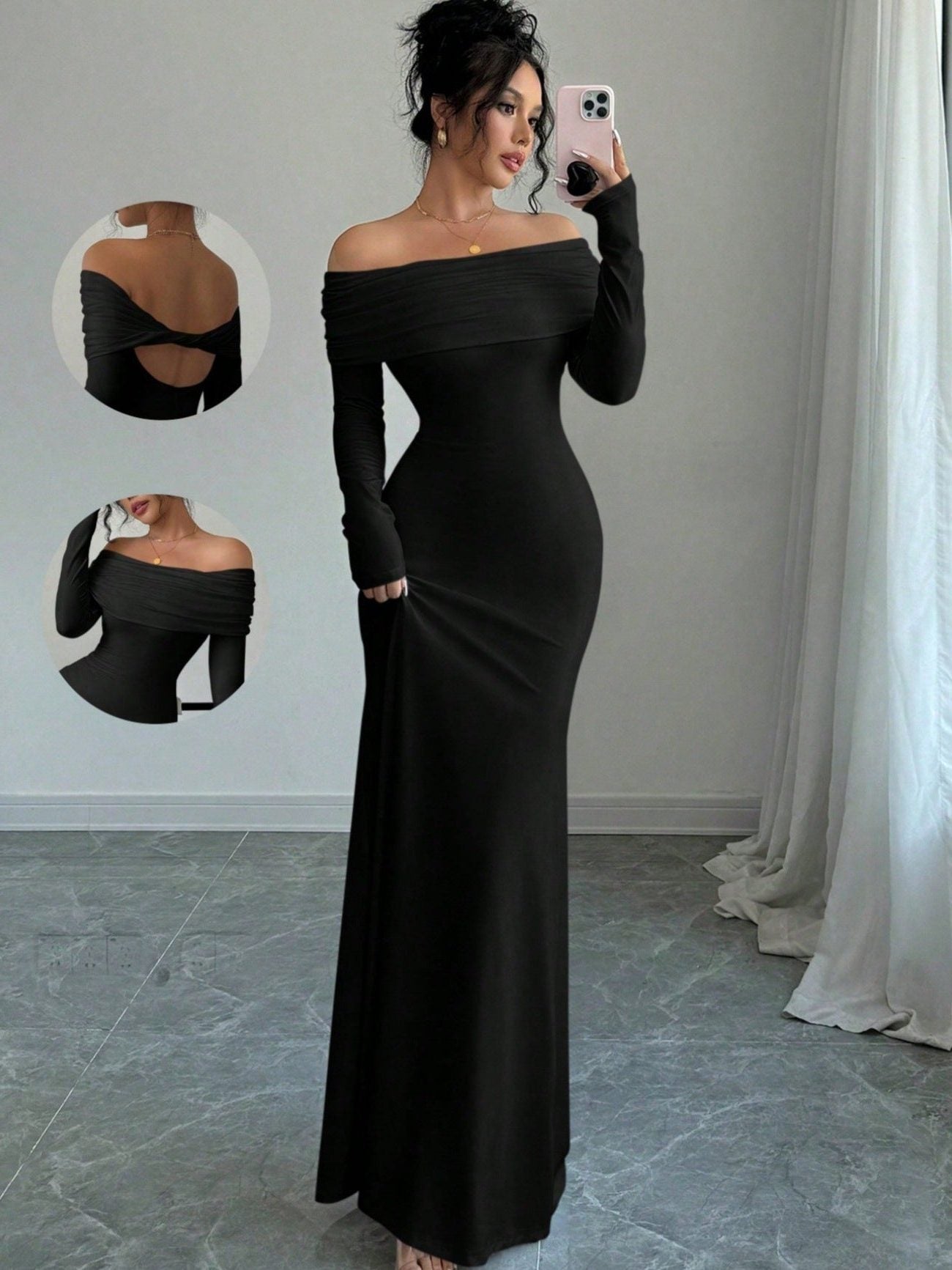 Off-Shoulder Long Sleeve Wedding Guest Maxi Dress for Women - View 3
