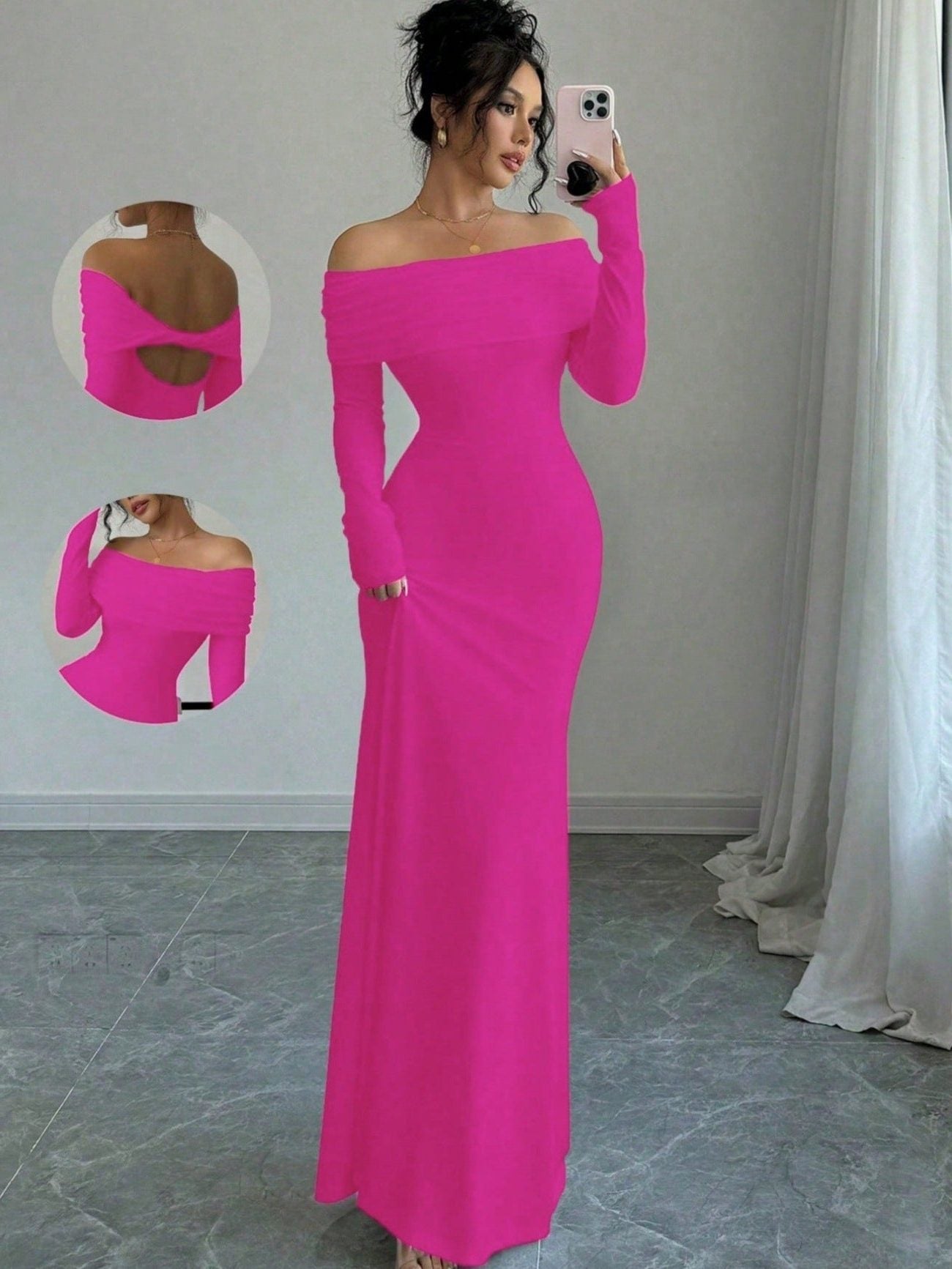 Off-Shoulder Long Sleeve Wedding Guest Maxi Dress for Women - View 4