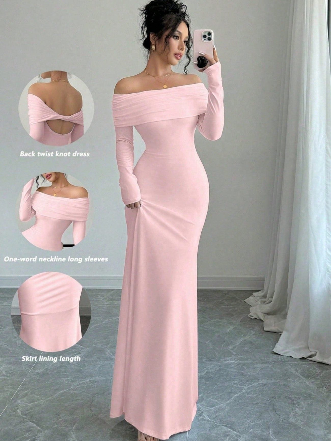 Off-Shoulder Long Sleeve Wedding Guest Maxi Dress for Women - View 5