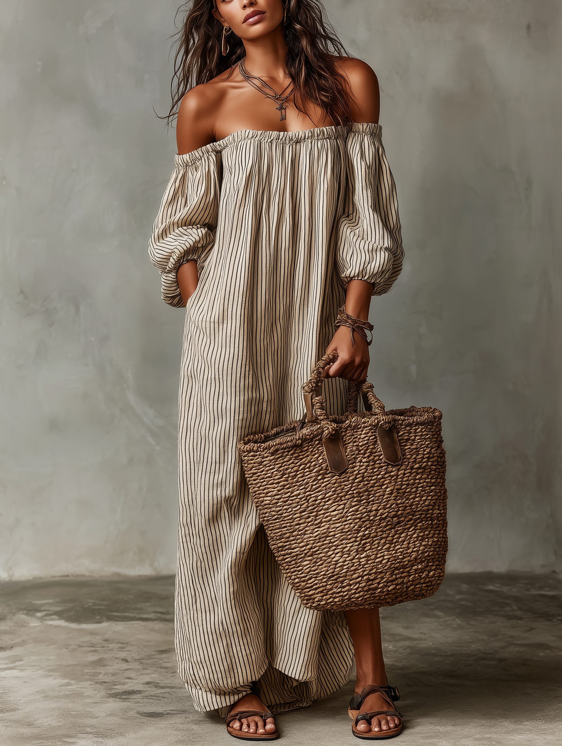 Off-Shoulder Maxi Dress in Linen Blend for Women