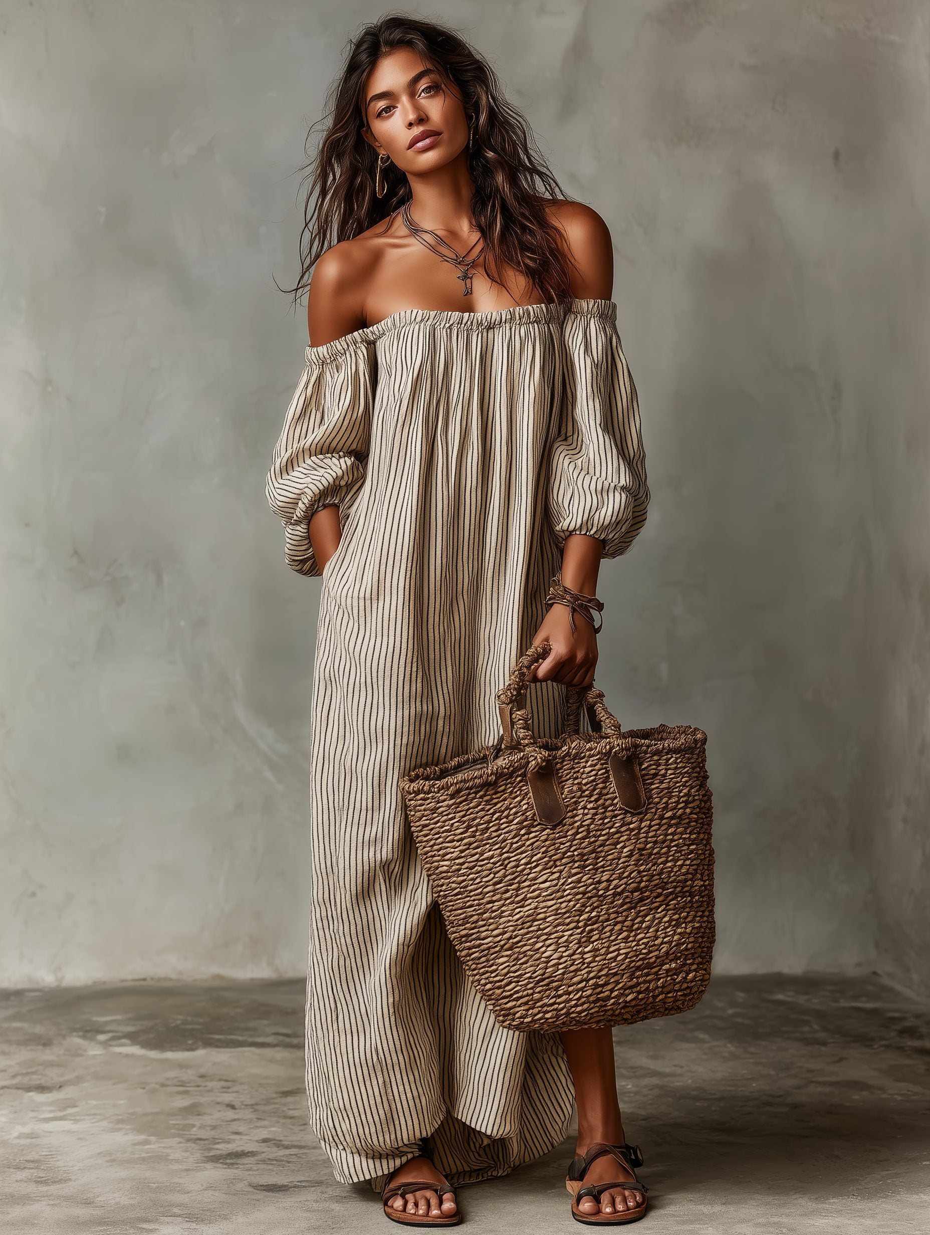 Off-Shoulder Maxi Dress in Linen Blend for Women - View 5