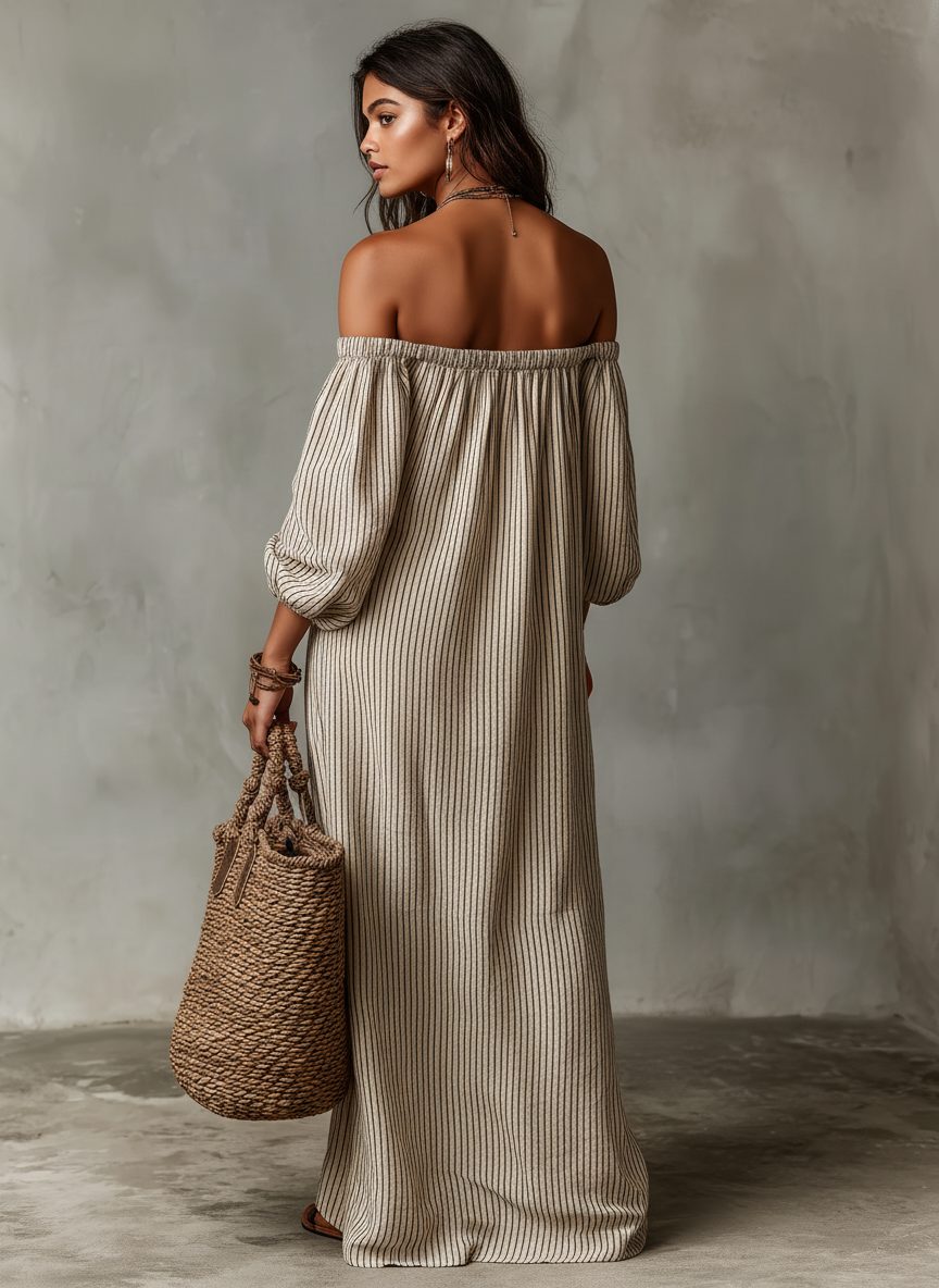 Off-Shoulder Maxi Dress in Linen Blend for Women - View 6