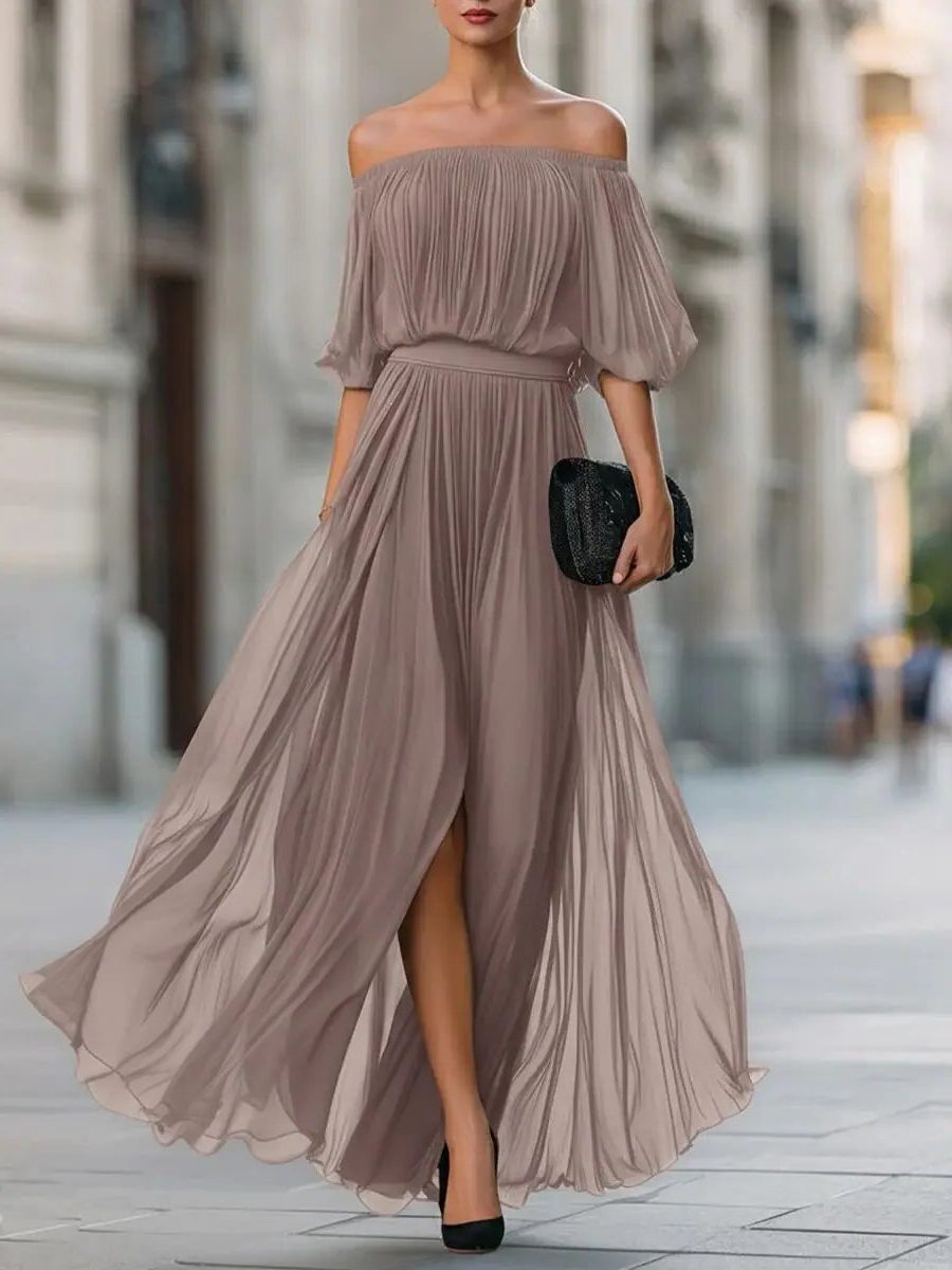 Off-Shoulder Pleated Maxi Dress for Women - Khaki