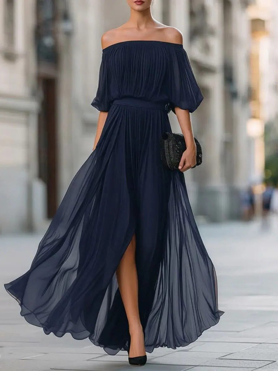Off-Shoulder Pleated Maxi Dress for Women - Navy Blue