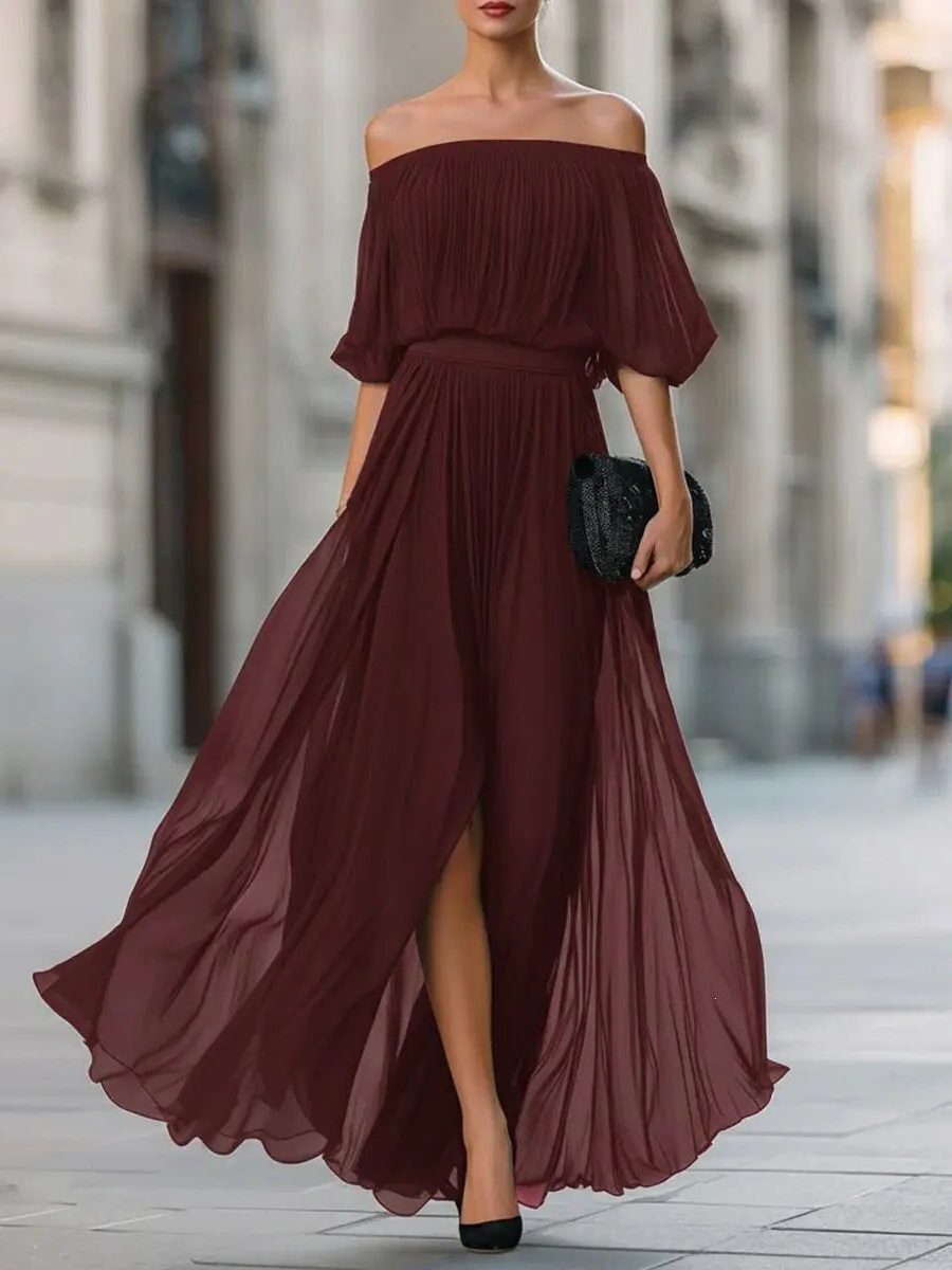 Off-Shoulder Pleated Maxi Dress for Women - Burgundy