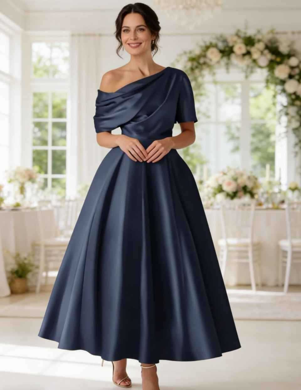 Off-Shoulder Satin A-Line Midi Dress for Women - Navy Blue