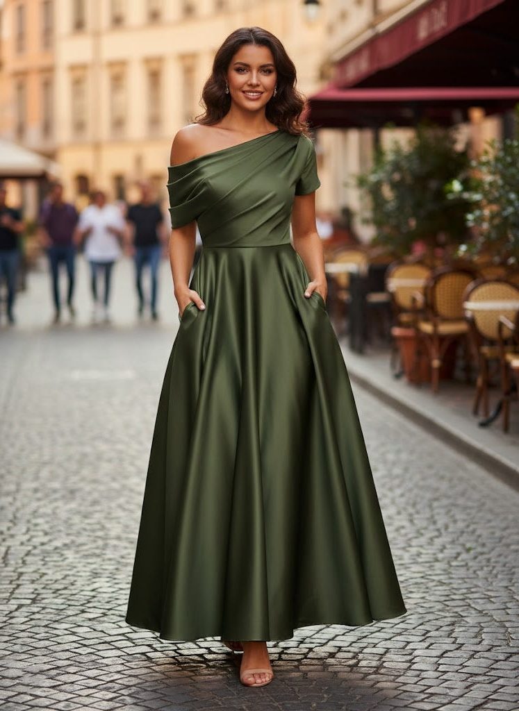 Off-Shoulder Satin A-Line Midi Dress for Women - View 10
