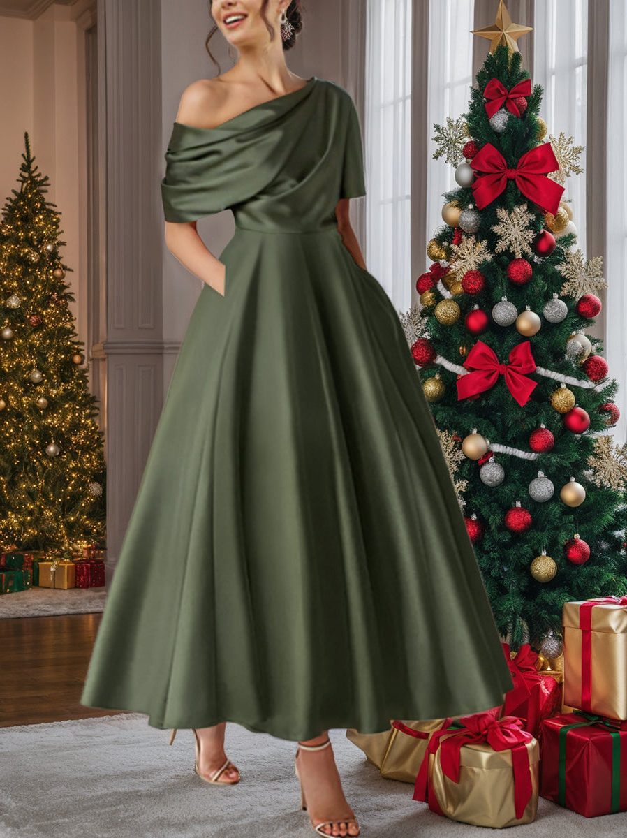 Off-Shoulder Satin A-Line Midi Dress for Women - View 11