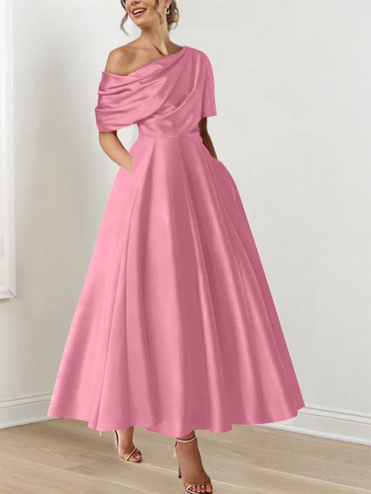 Off-Shoulder Satin A-Line Midi Dress for Women - Pink