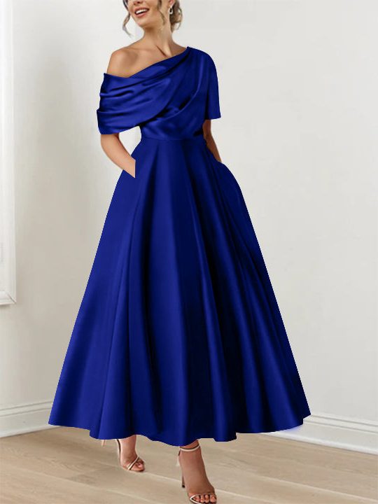 Off-Shoulder Satin A-Line Midi Dress for Women - Blue