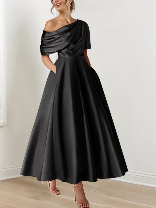 Off-Shoulder Satin A-Line Midi Dress for Women - Black