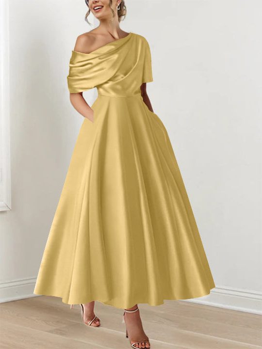Off-Shoulder Satin A-Line Midi Dress for Women - Champagne