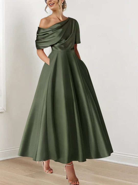 Off-Shoulder Satin A-Line Midi Dress for Women - Olive Green