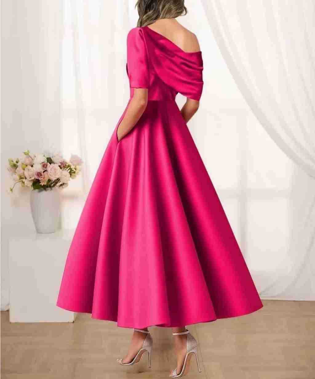 Off-Shoulder Satin A-Line Midi Dress for Women - Red Pink