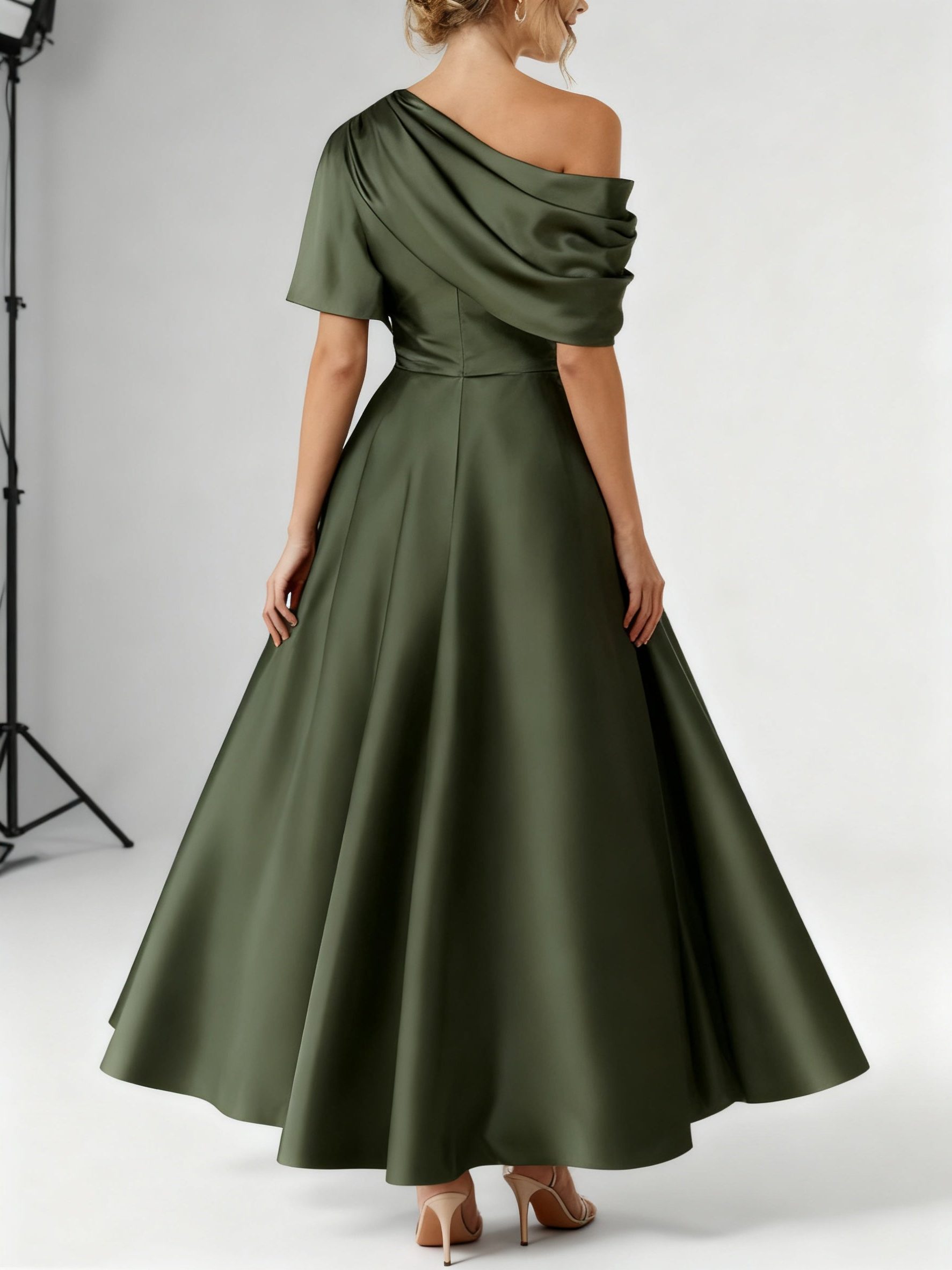 Off-Shoulder Satin A-Line Midi Dress for Women - View 9