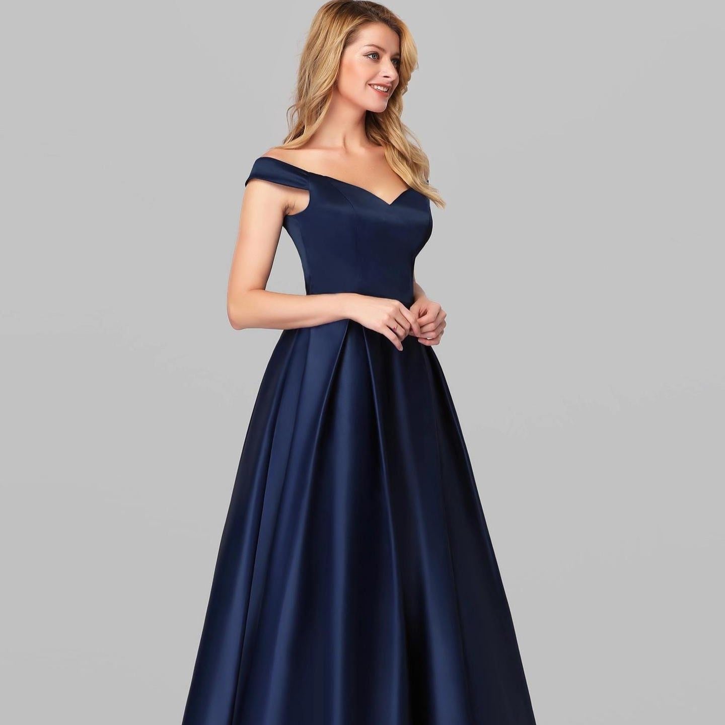 Off-Shoulder V-Neck A-Line Satin Maxi Dress for Women - Blue