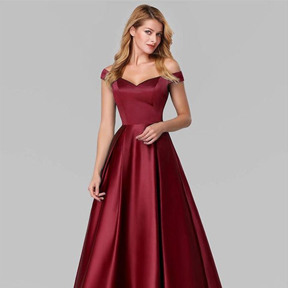 Off-Shoulder V-Neck A-Line Satin Maxi Dress for Women - Red