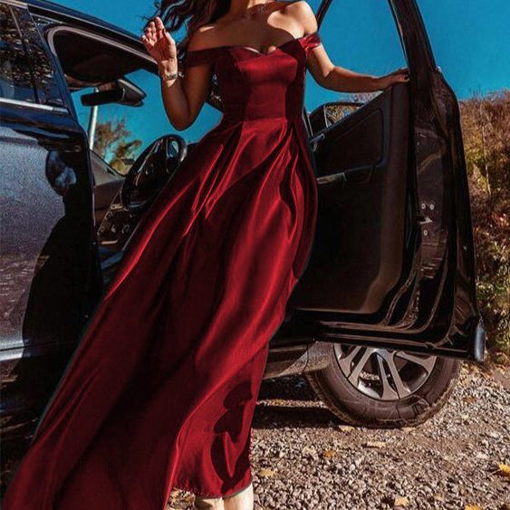 Off-Shoulder V-Neck A-Line Satin Maxi Dress for Women - View 3