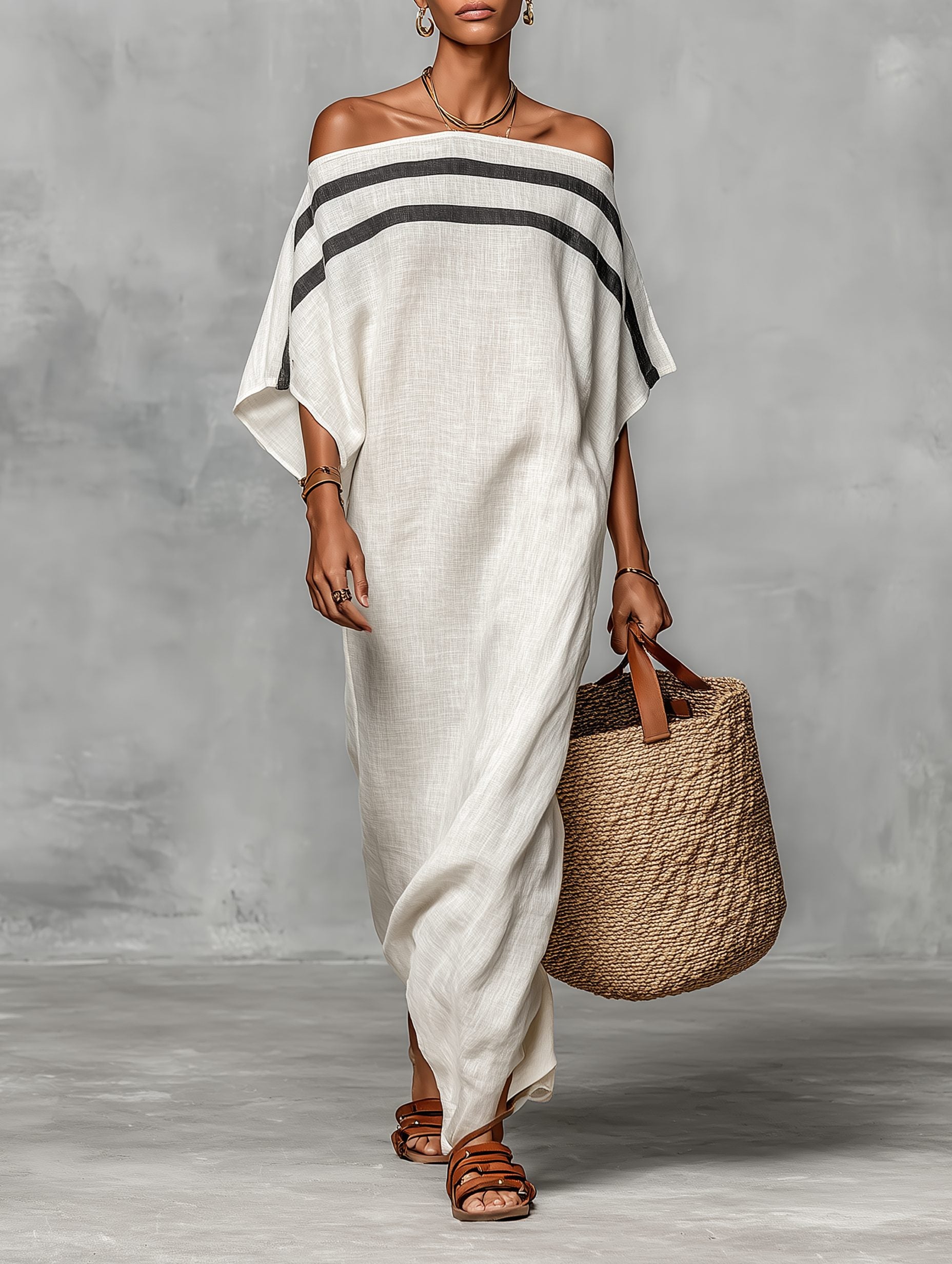 Off-the-Shoulder Batwing Sleeve Linen Blend Maxi Dress for Women