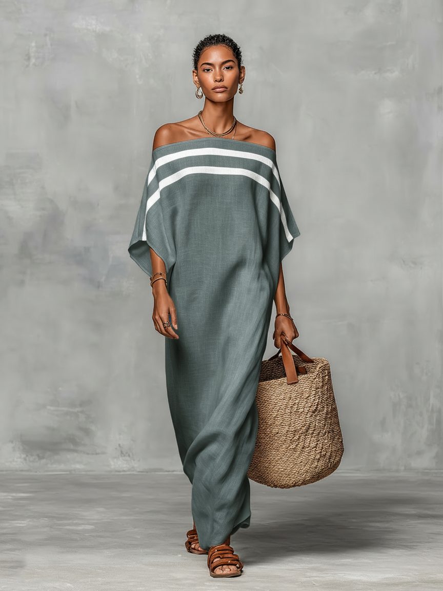 Off-the-Shoulder Batwing Sleeve Linen Blend Maxi Dress for Women - Light Blue