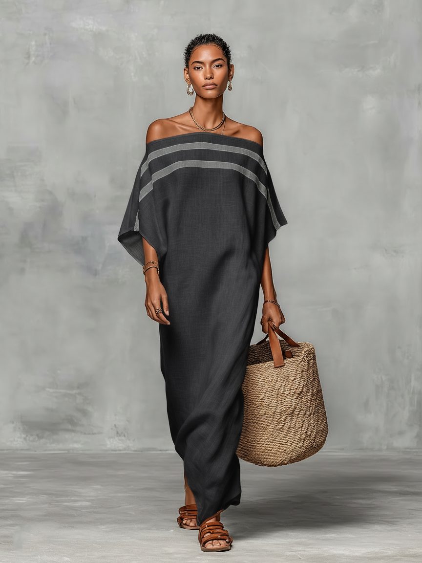 Off-the-Shoulder Batwing Sleeve Linen Blend Maxi Dress for Women - Dark Grey