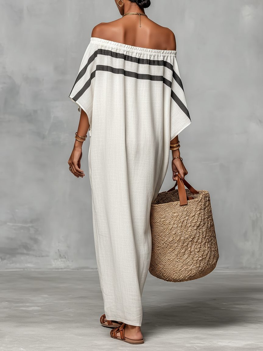Off-the-Shoulder Batwing Sleeve Linen Blend Maxi Dress for Women - View 2