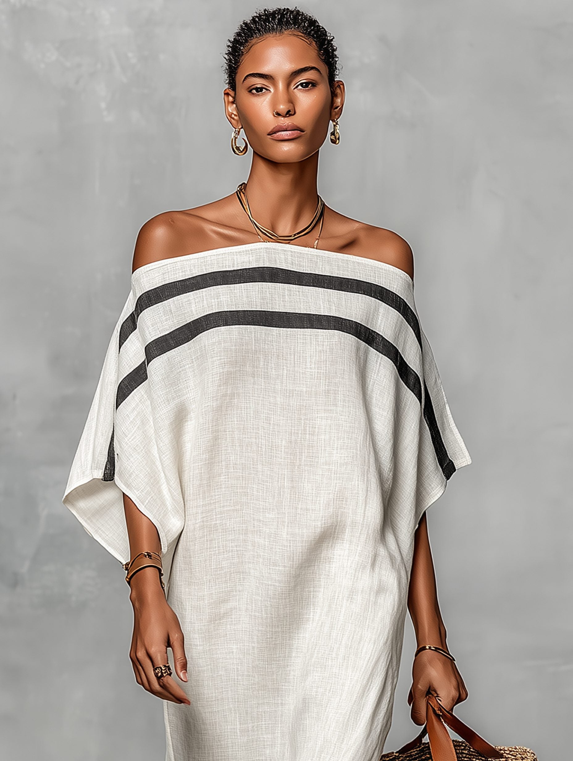 Off-the-Shoulder Batwing Sleeve Linen Blend Maxi Dress for Women - View 5