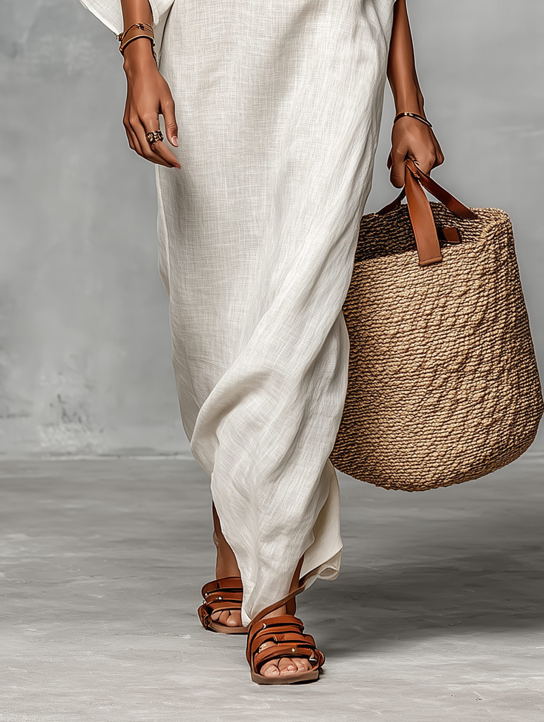 Off-the-Shoulder Batwing Sleeve Linen Blend Maxi Dress for Women - View 6