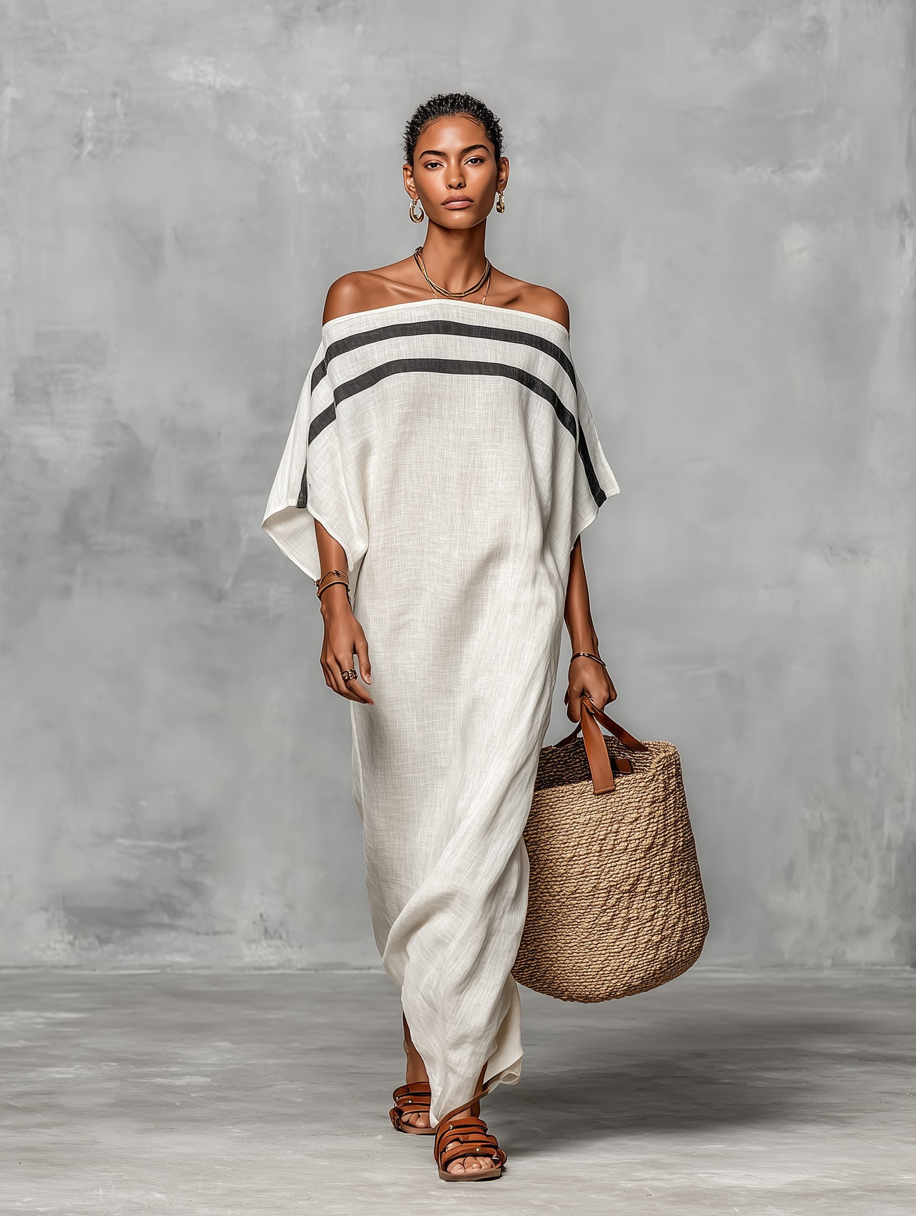 Off-the-Shoulder Batwing Sleeve Linen Blend Maxi Dress for Women - View 7