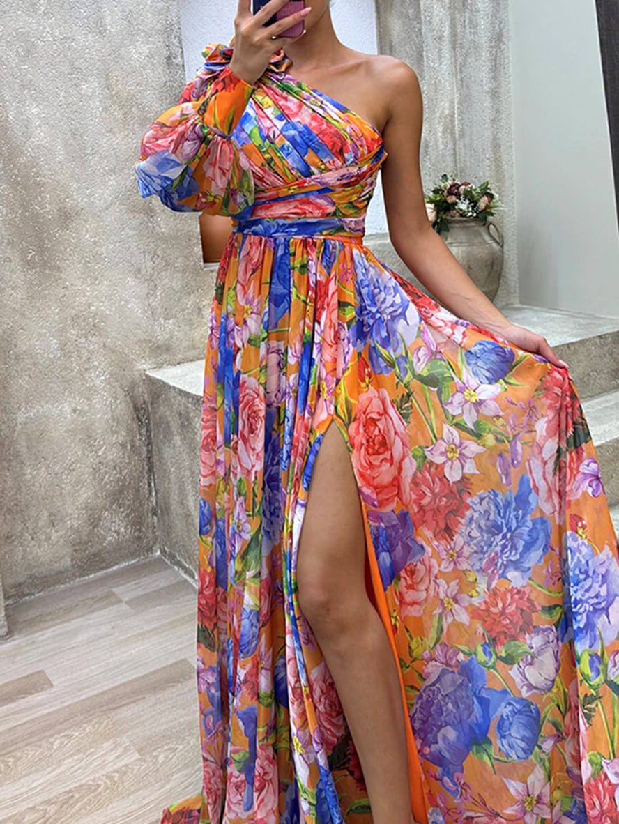 One Shoulder Floral Maxi Dress with Side Slit for Women - Orange