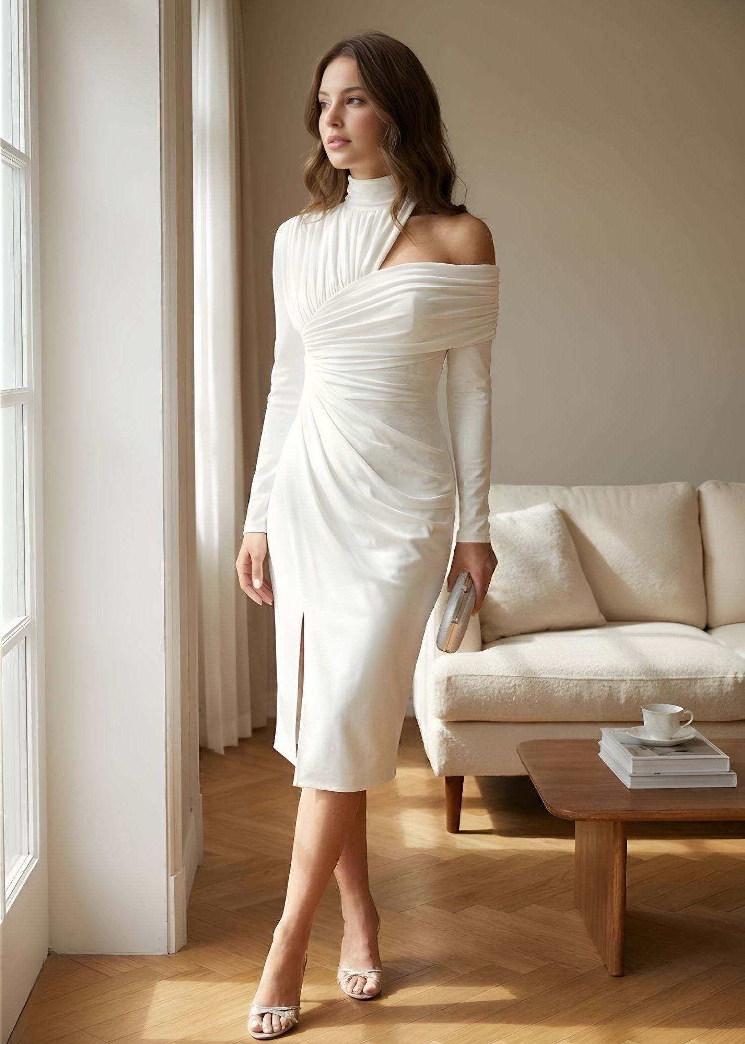 One-Shoulder Long Sleeve Ruched Midi Dress for Women