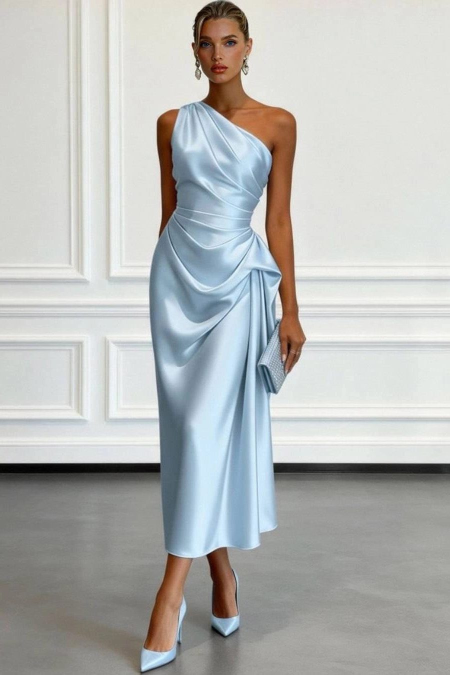 One-Shoulder Pleated Midi Dress for Women