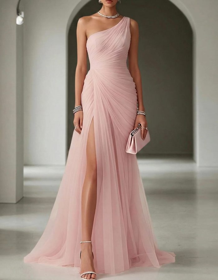 One-Shoulder Pleated Wedding Guest Maxi Dress for Women