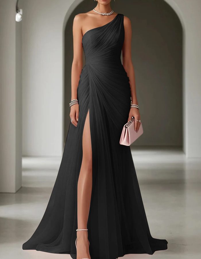 One-Shoulder Pleated Wedding Guest Maxi Dress for Women - Black