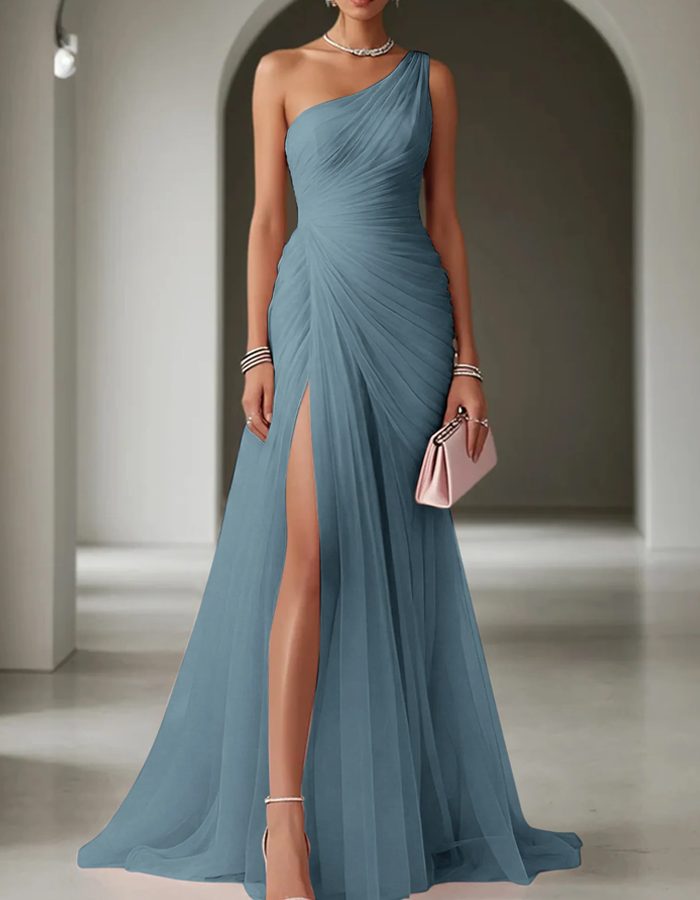 One-Shoulder Pleated Wedding Guest Maxi Dress for Women - Dusty Blue