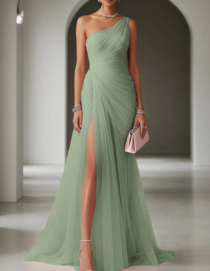 One-Shoulder Pleated Wedding Guest Maxi Dress for Women - Sage Green