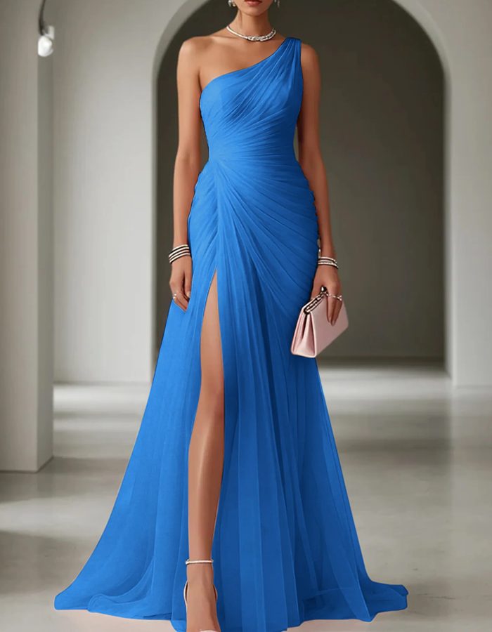 One-Shoulder Pleated Wedding Guest Maxi Dress for Women - Royal Blue