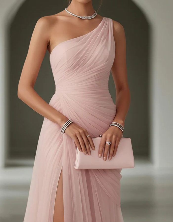 One-Shoulder Pleated Wedding Guest Maxi Dress for Women - View 2
