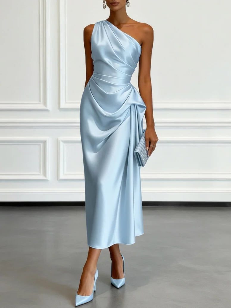 One-Shoulder Ruched Wedding Guest Midi Dress for Women - Light Blue