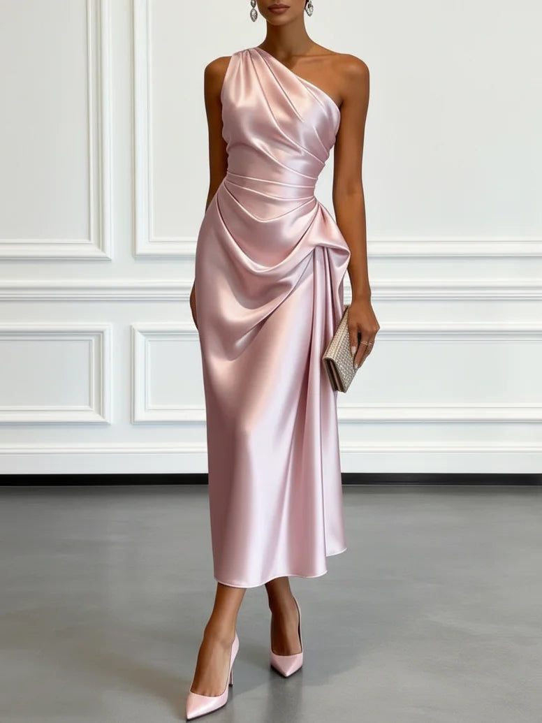 One-Shoulder Ruched Wedding Guest Midi Dress for Women - Pink