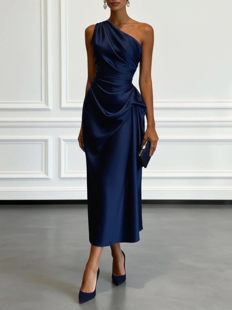 One-Shoulder Ruched Wedding Guest Midi Dress for Women - Blue