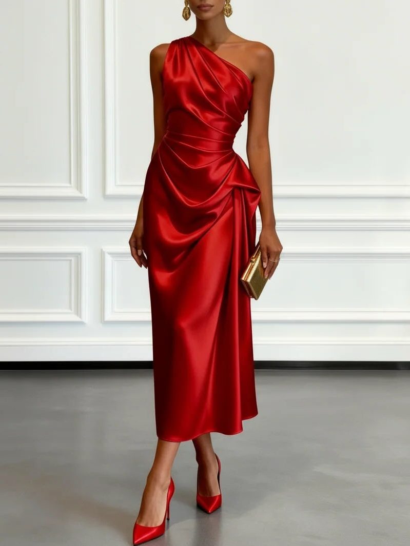 One-Shoulder Ruched Wedding Guest Midi Dress for Women - Red