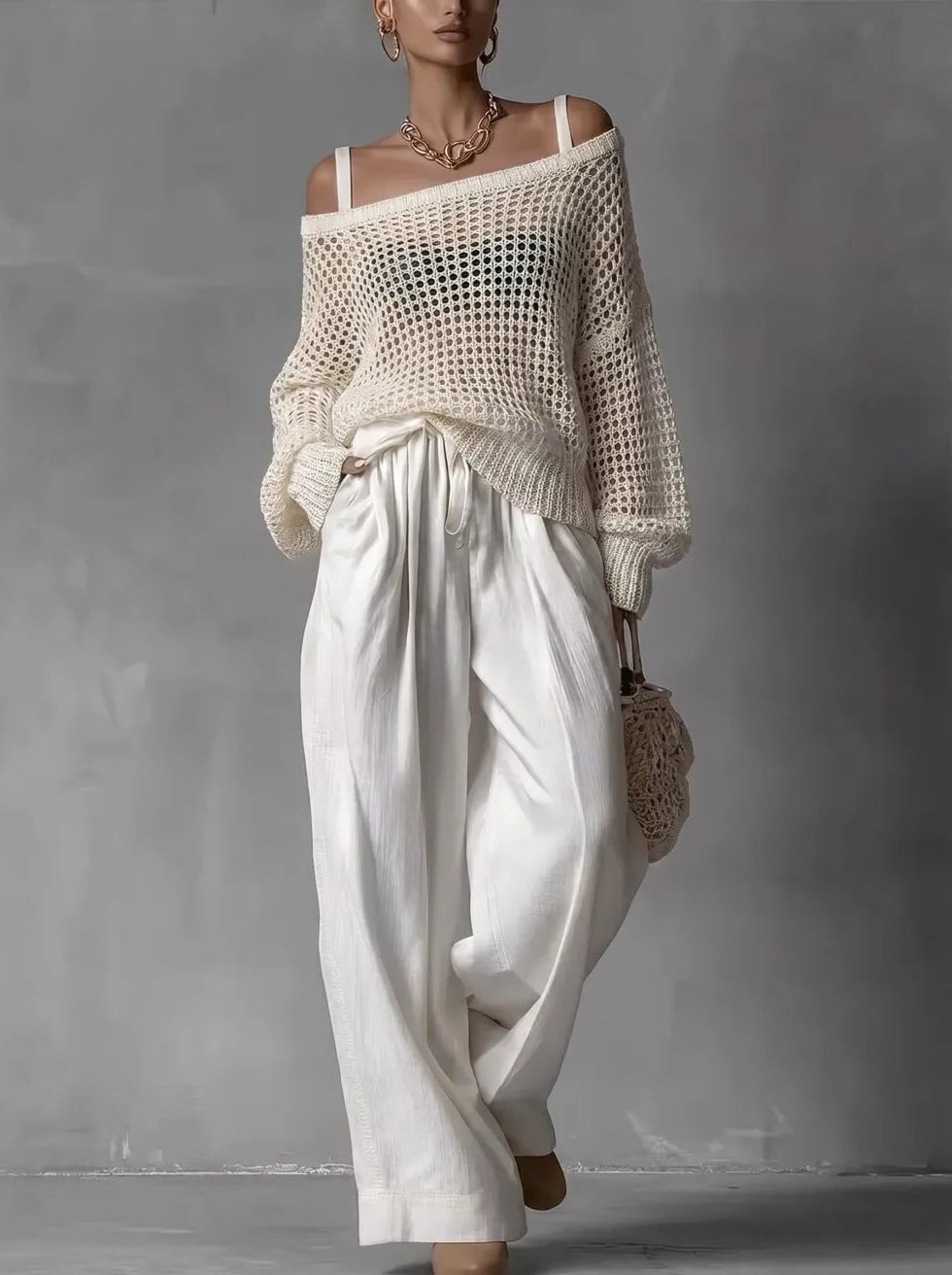 Open Shoulder Knit Two-Piece Set for Women - White