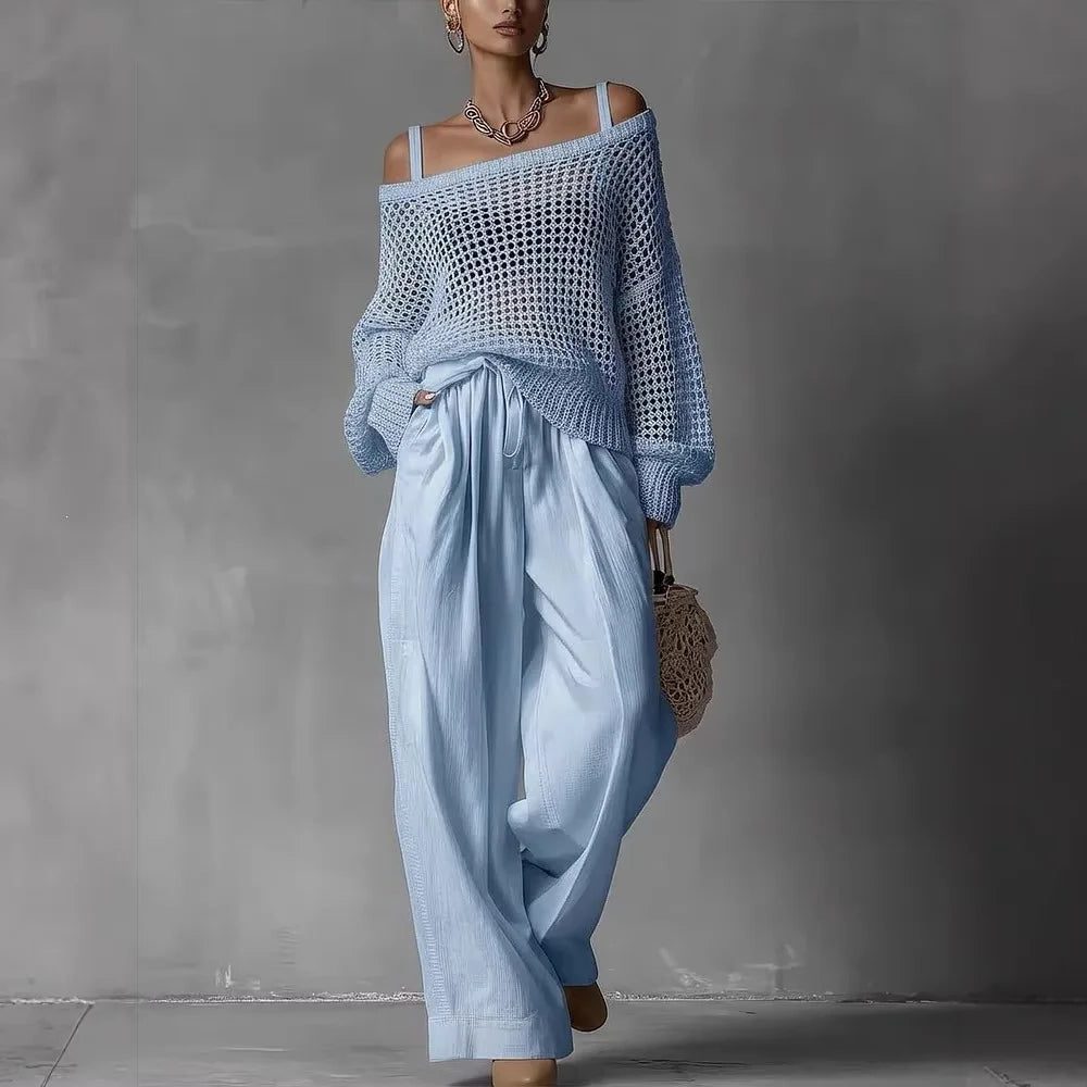 Open Shoulder Knit Two-Piece Set for Women - Light Blue